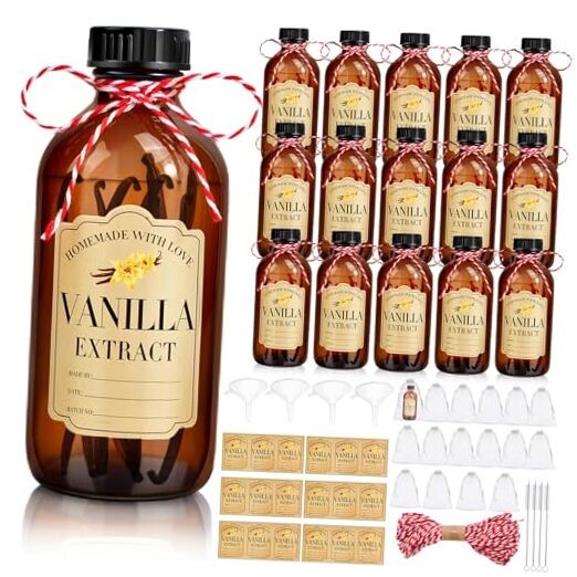 BHHQHH 16Pcs 8 oz Amber Glass Bottle Boston Round Bottles for Vanilla Large
