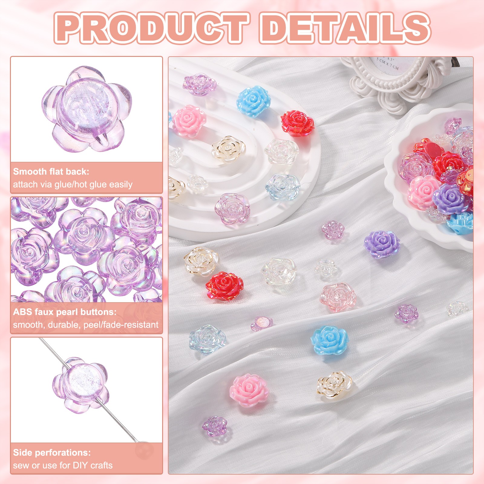 100Pcs Rose Pearl Flower Buttons Flower Sewing Buttons(12mm Light Purple AB))