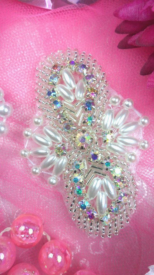 Silver Pearl Beaded Aurora Borealis Crystal AB Rhinestone Applique 2.75″ JB56
