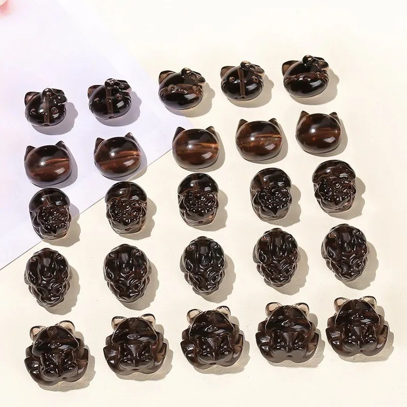 1 Pc Natural Stone Ice Obsidian Carved Beads Cartoon Cat Fox Flower Cute Beads
