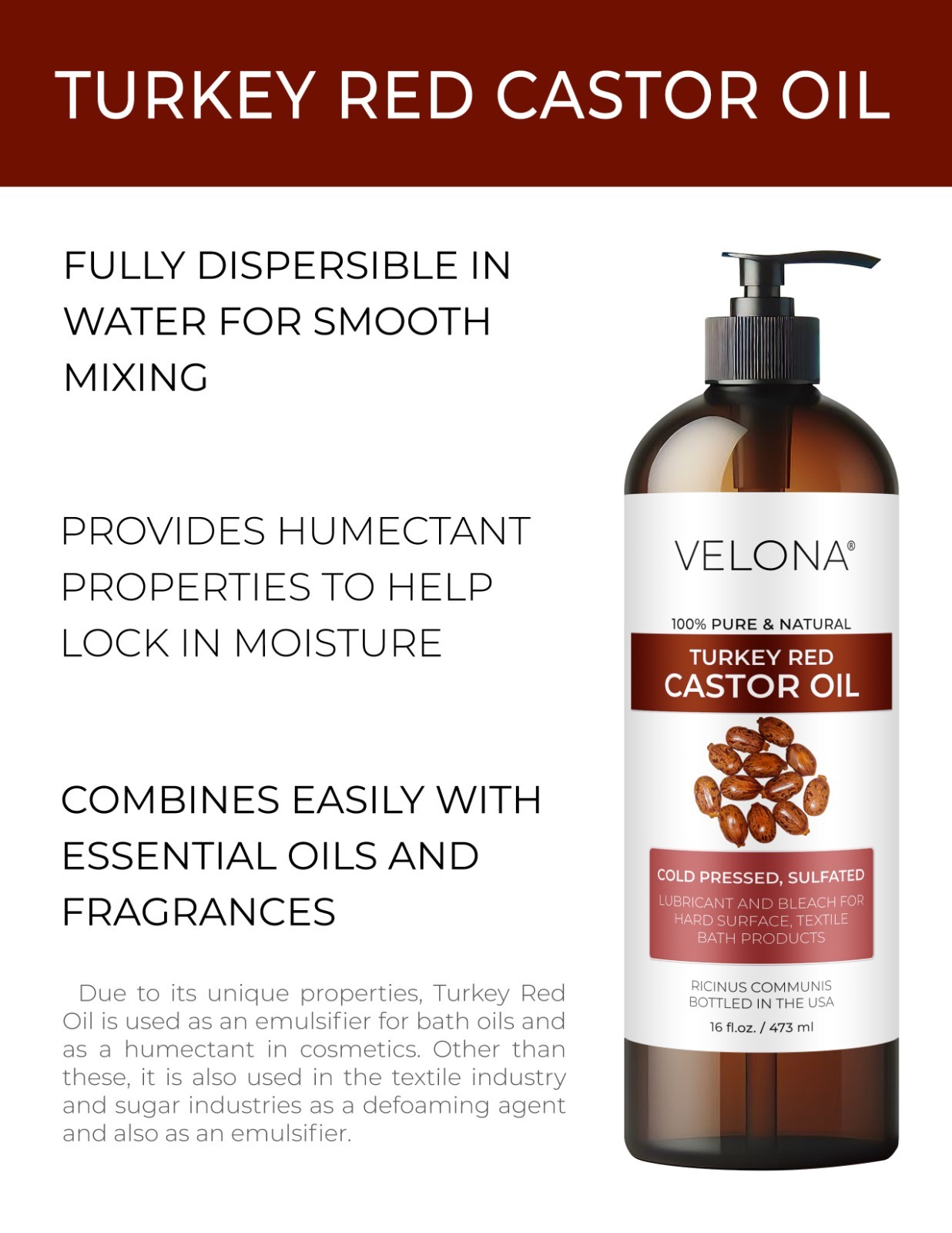 Castor Oil Turkey Red Oil by Velona – 2 Fl Oz – 7 lb, Natural, Cold Pressed