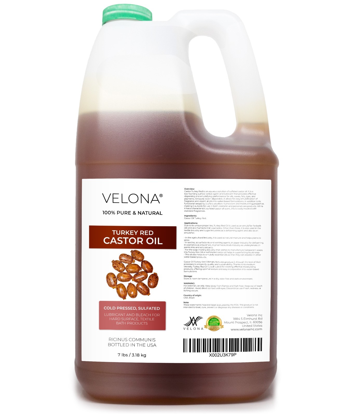 Castor Oil Turkey Red Oil by Velona – 2 Fl Oz – 7 lb, Natural, Cold Pressed