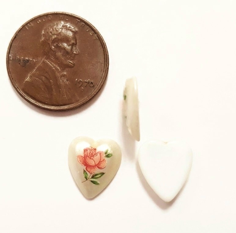 12 Vintage Japan Glass Pink Rose 11mm Pearlized Heart Cameo Cabochons 391