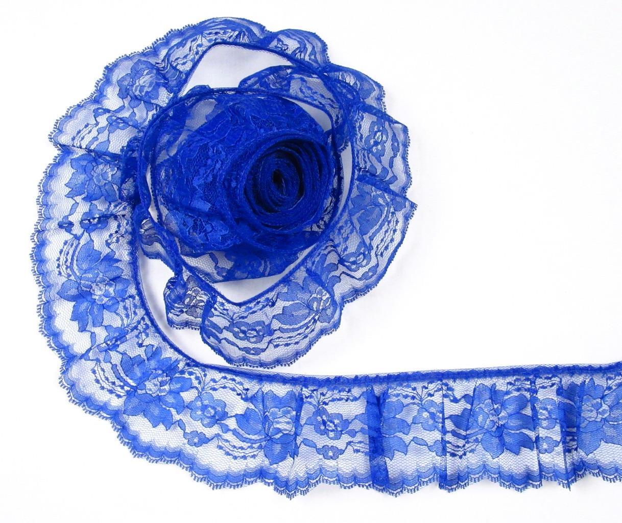ROYAL BLUE~3 Inch Wide Ruffled Floral Lace Trim~By 5 Yards