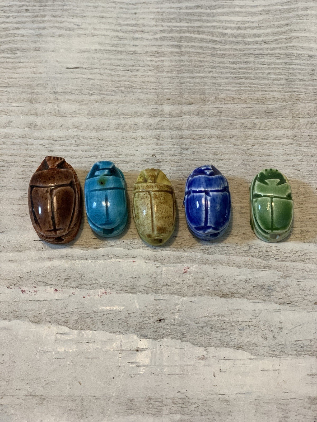 Scarab Beatle Stone Beads From Egypt. 5 Scarabs Of Different Colors.