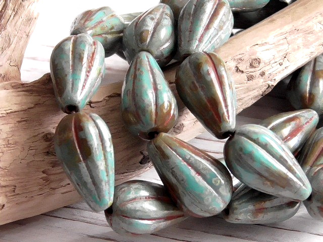 8 – 13x8mm CZECH TURQUOISE TERRA COTTA PICASSO MELON DROP FLUTED TEARDROP BEADS