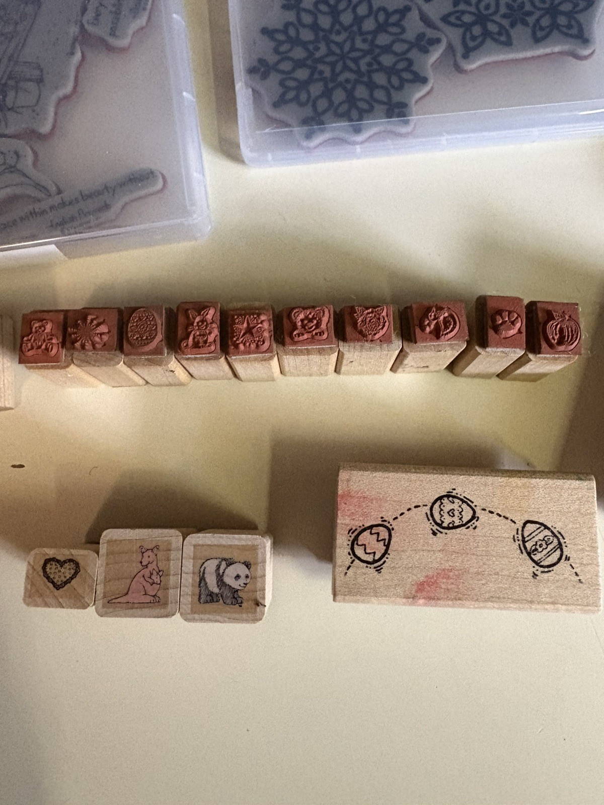 38 Assorted Rubber Stamps With 4 None Cubes, 3 Color Box Ink Cubes. **See Pics