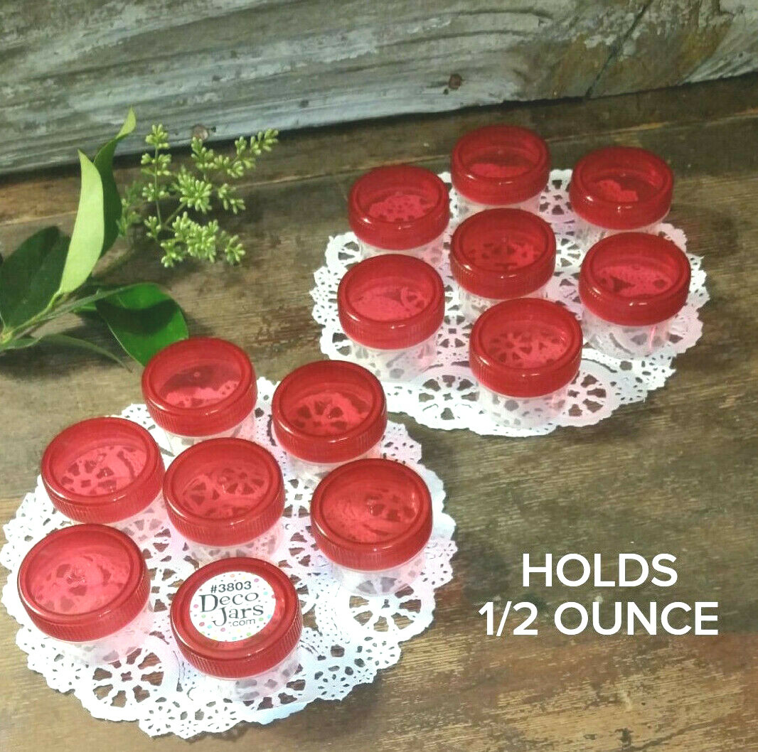 20 Small 1/2oz Plastic Jars See Thru RED Caps Container Hummingbird Part DecoJar