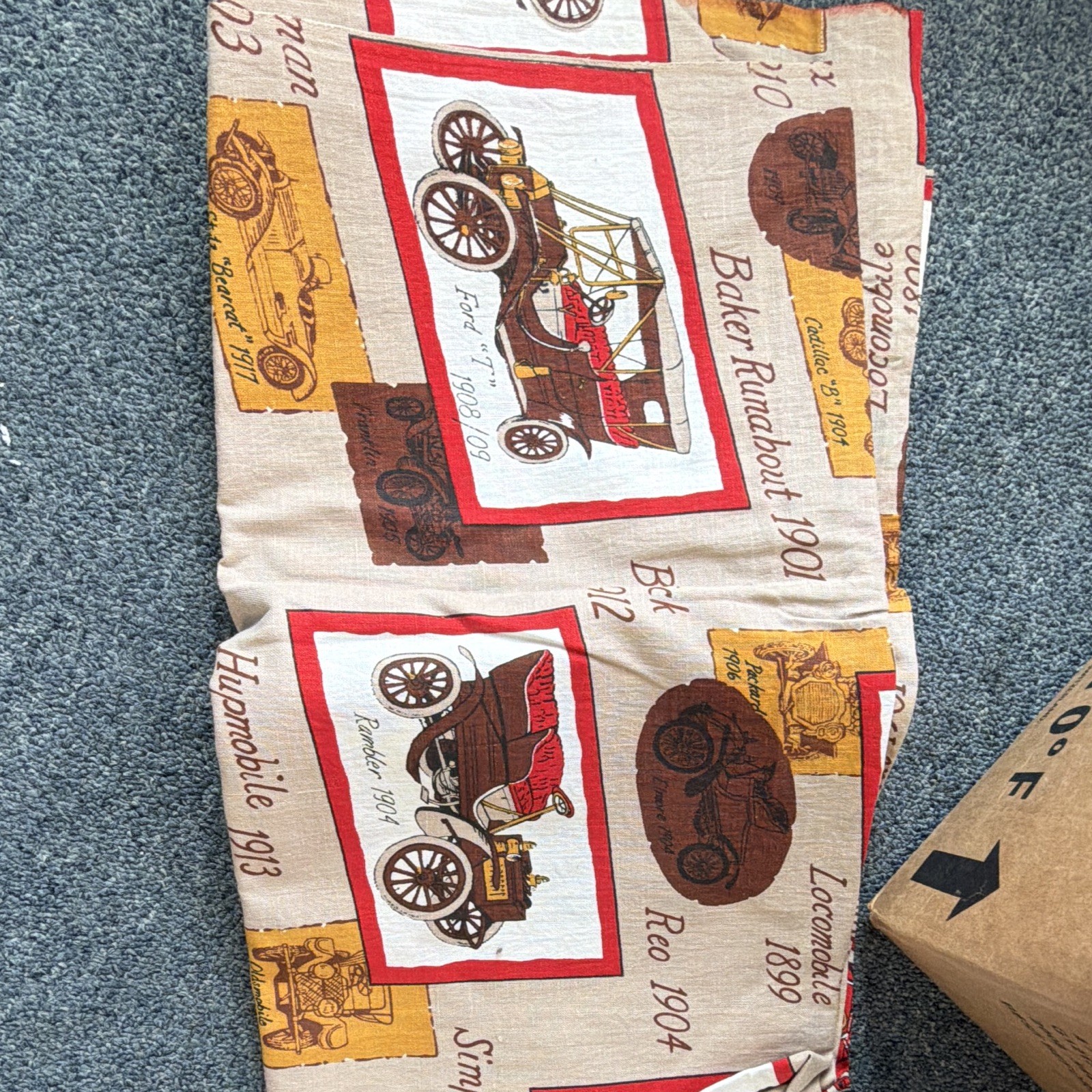 Vintage Car/Auto Vehicles Pattern Fabric Cut Piece, Beige Brown Red Print