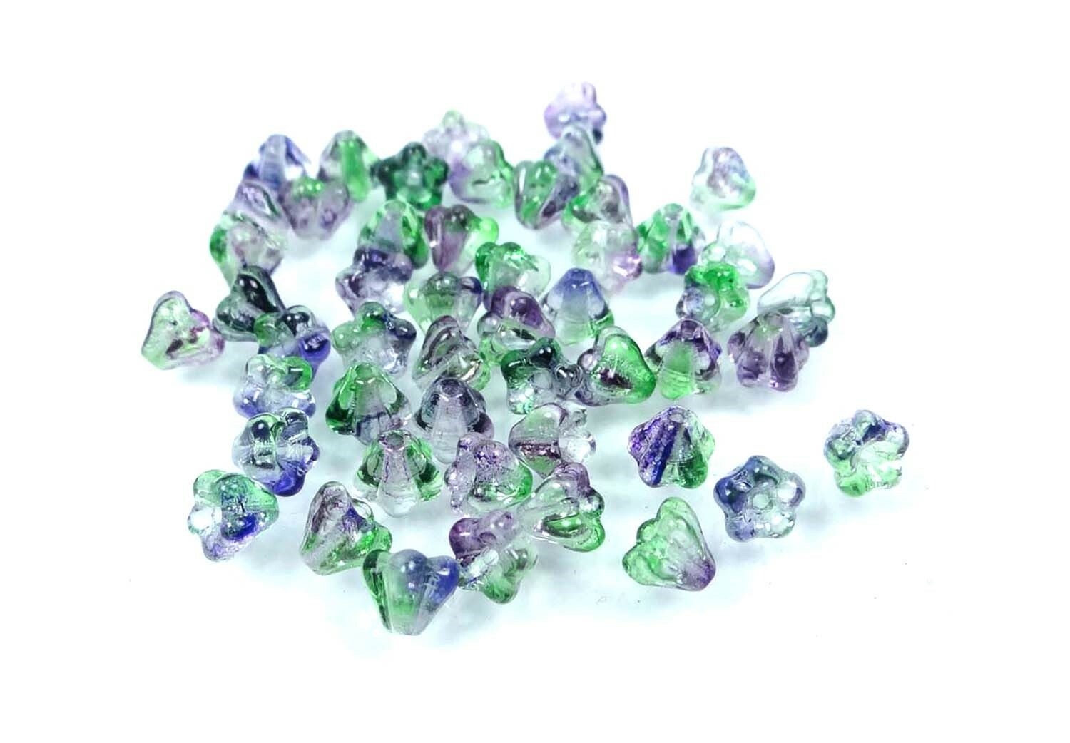 25 Czech Glass Baby Bell Flower Beads – Dual Coated – Blueberry/Green Tea 6x4mm