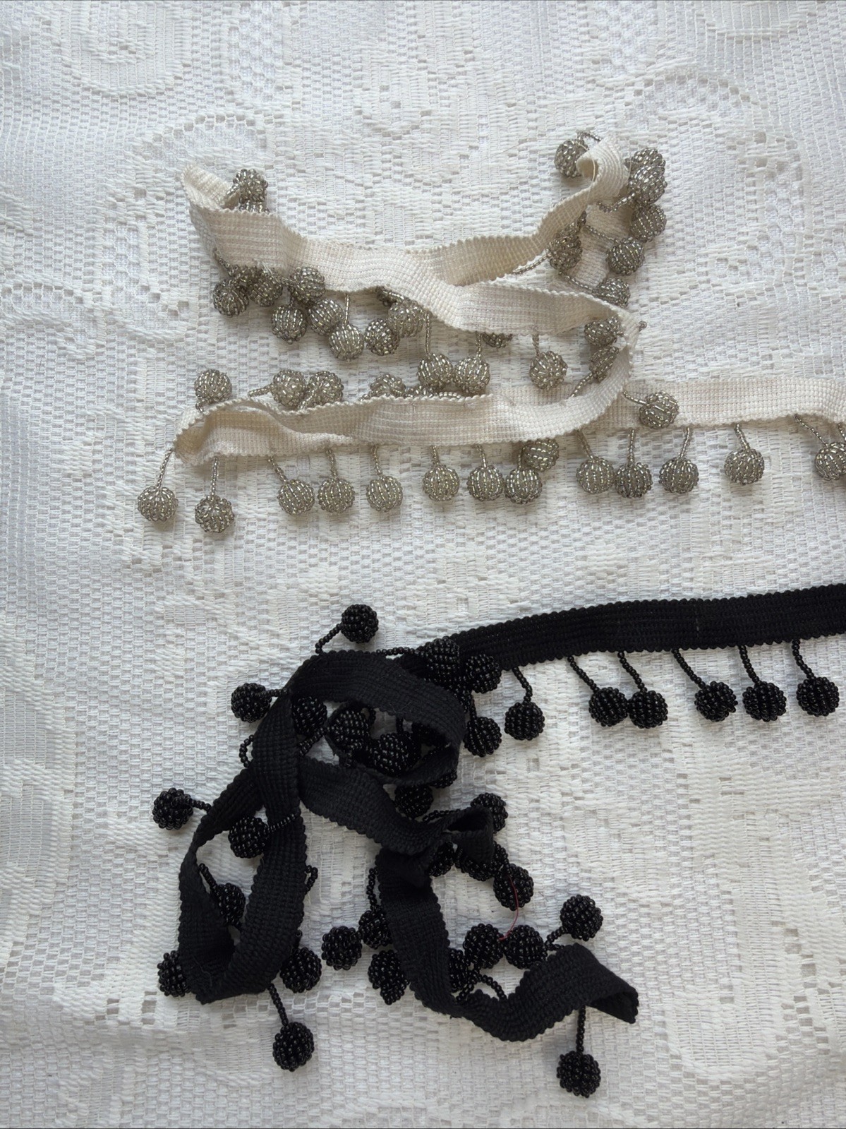 Black White Beaded Seed Ball Fringe 2.5″ Trim Two Scrap Pieces