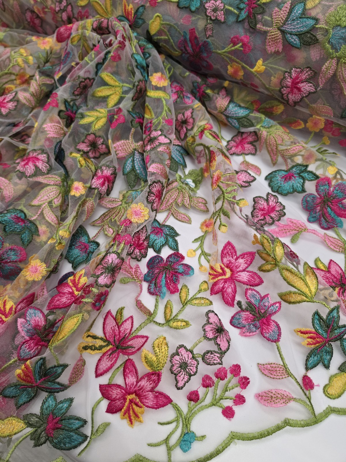 Fabric By The Yard Multicolor Lace Pink Fuchsia Embroidery Flowers On White Mesh