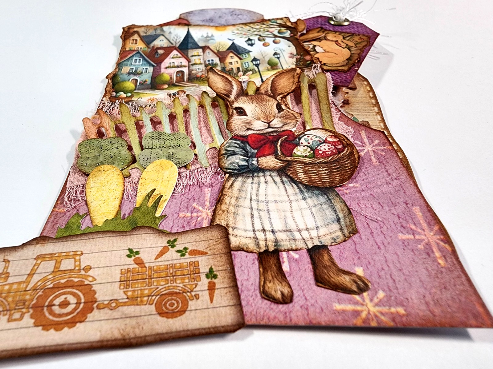 Easter Bunny Carrot Farm Tractor Tags Hidden Pocket OOAK #35 3D Handmade