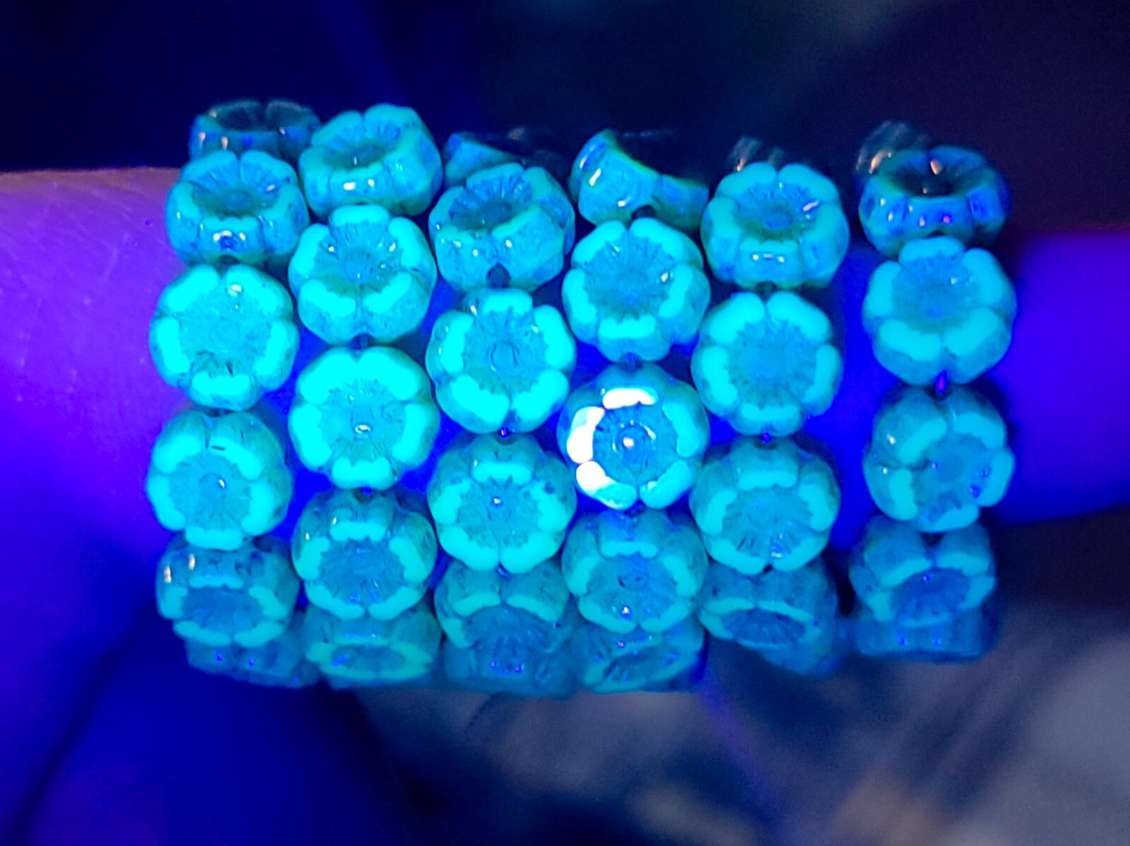 Hibiscus Uranium Glass Beads 7mm Blue Silver Wash Pressed Glass 12pcs