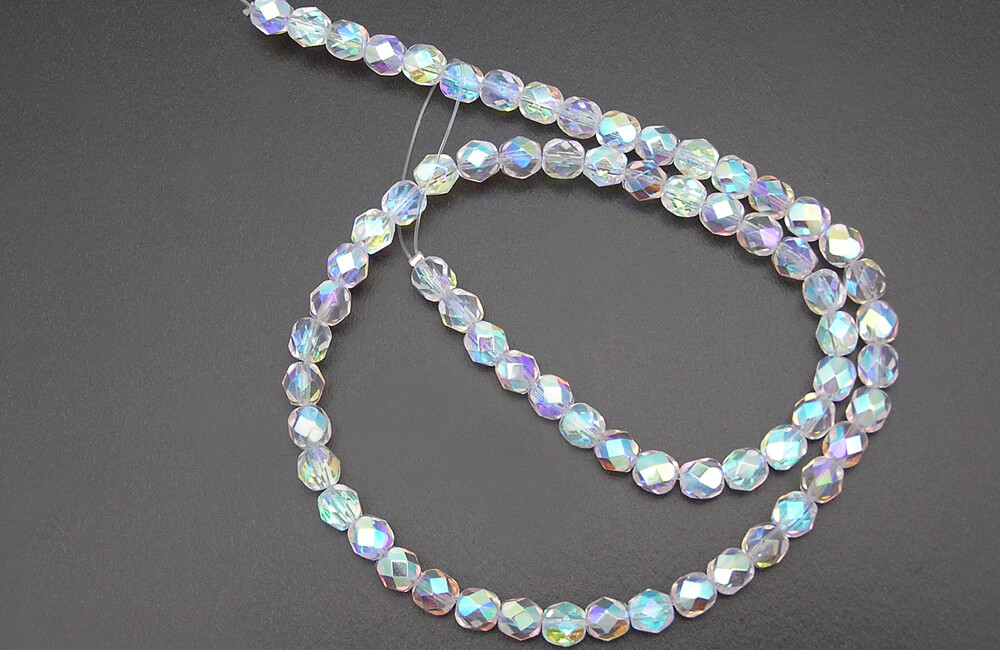 Czech Fire Polished Round Faceted Glass Beads, Crystal AB2X full Aurora Borealis