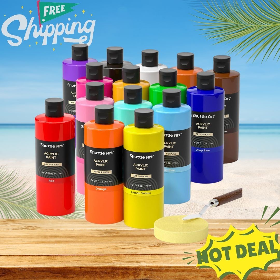 Shuttle Art Acrylic Paint Set 15 Colors 16oz Large Bottles High Viscosity Rich P