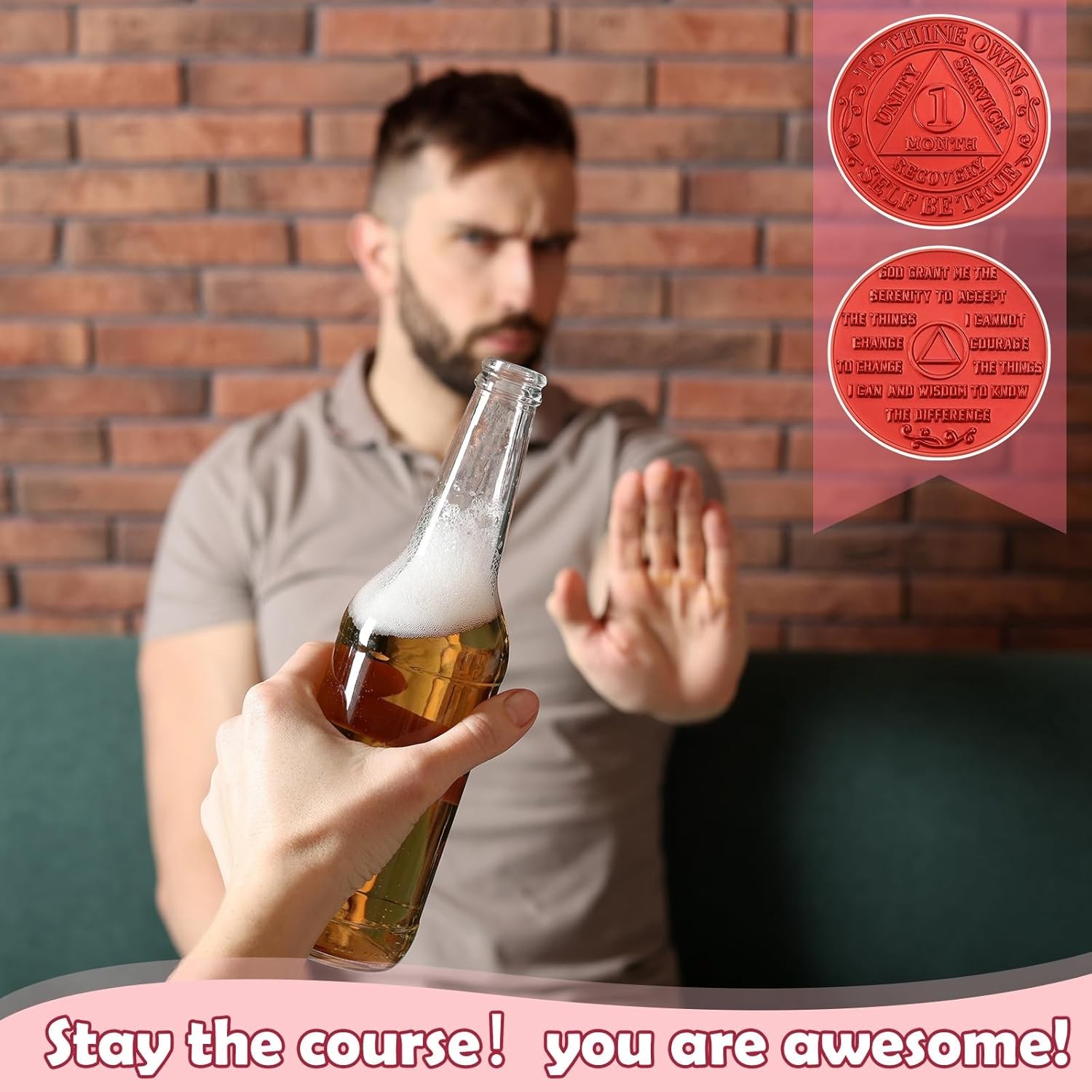 30 Pcs Recovery 1 Month AA Chips and Medallions Bulk Sobriety Red