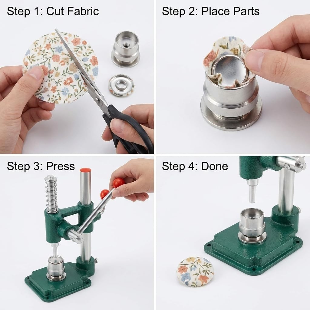 Fabric Button Maker Kit – Adjustable Press Tool for Sewing & DIY – 3 Die Sizes (