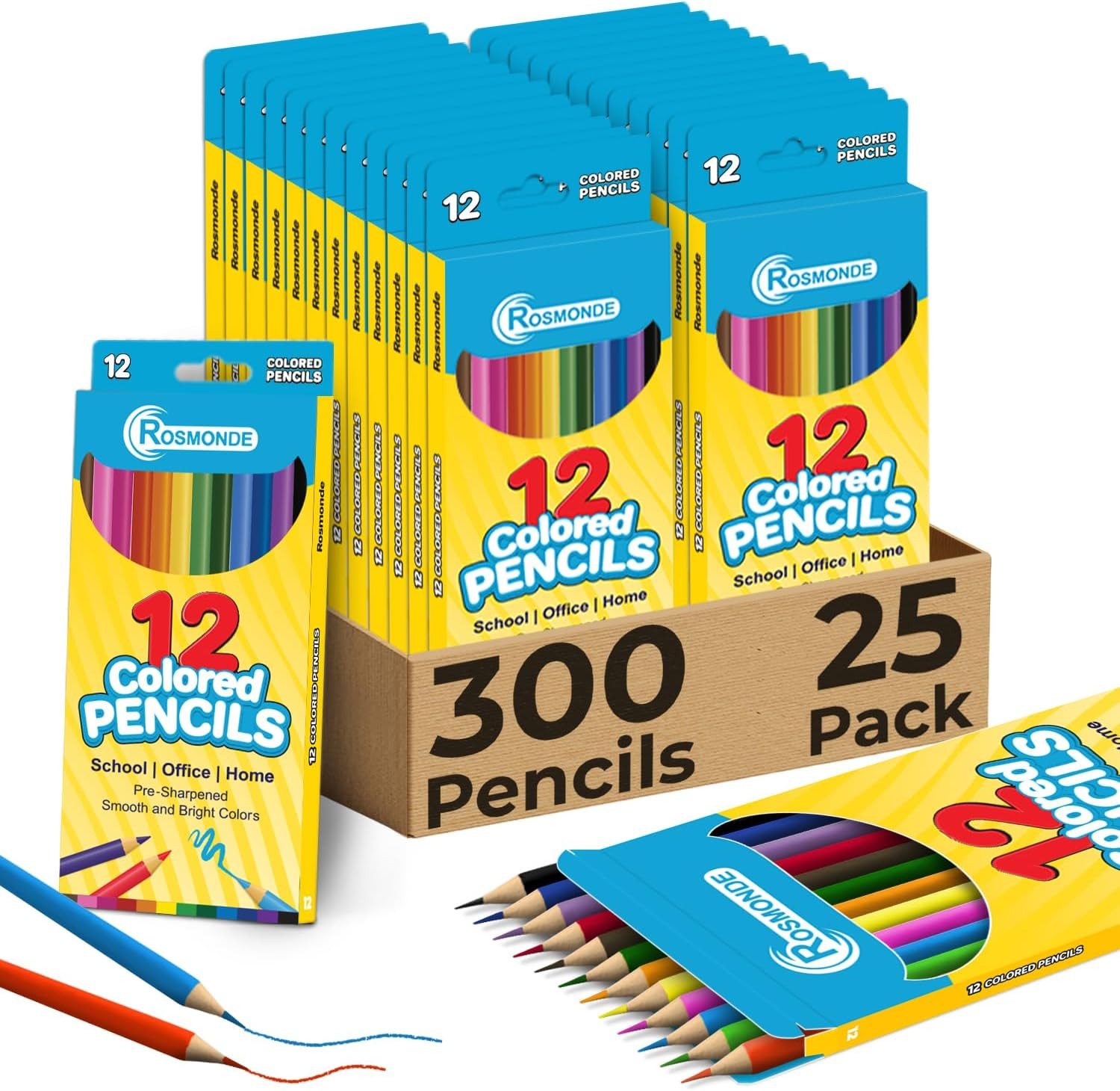 Colored Pencils Bulk 25 Pack | 300 Pencils, 12 Bright Colors | Assorted Pre Shar