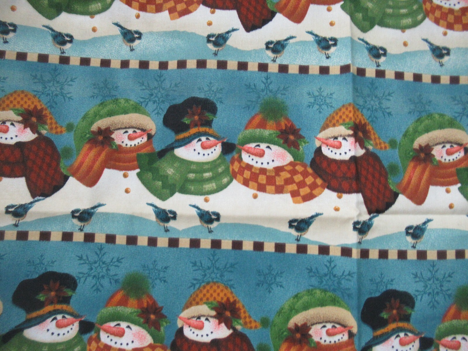 Cranston VIP Fabric SNOWMAN ALLOVER Angela Anderson BLUE MULTI VTG. 25″x43″ W