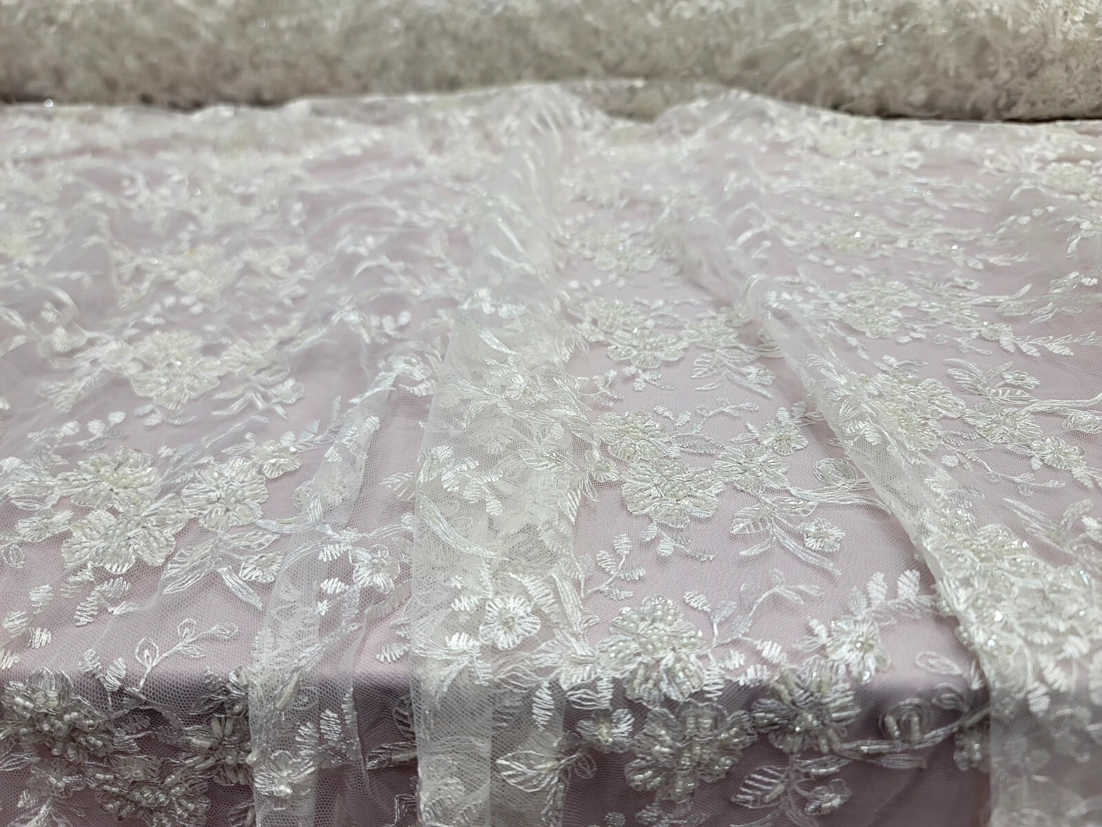 OFF WHITE Beaded Embroidery Bridal Lace Fabric By The Yard Wedding Fabric Scallo