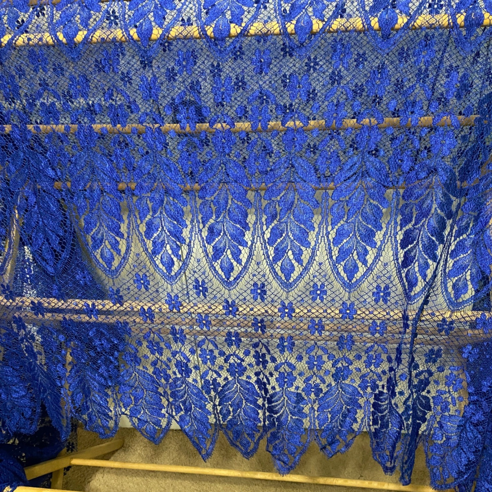 Darquer Calais French Chantilly Lace Vtg 70s 80s Royal Blue Floral 58″ x 116″