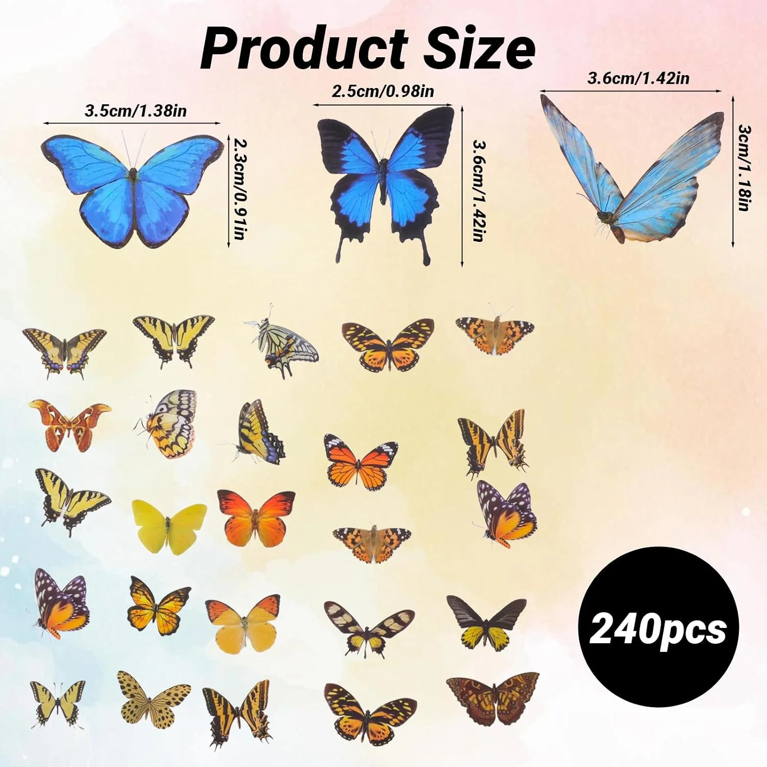 240PCS Butterfly Stickers, PET Waterproof Transparent Colorful Resin Decals Deco