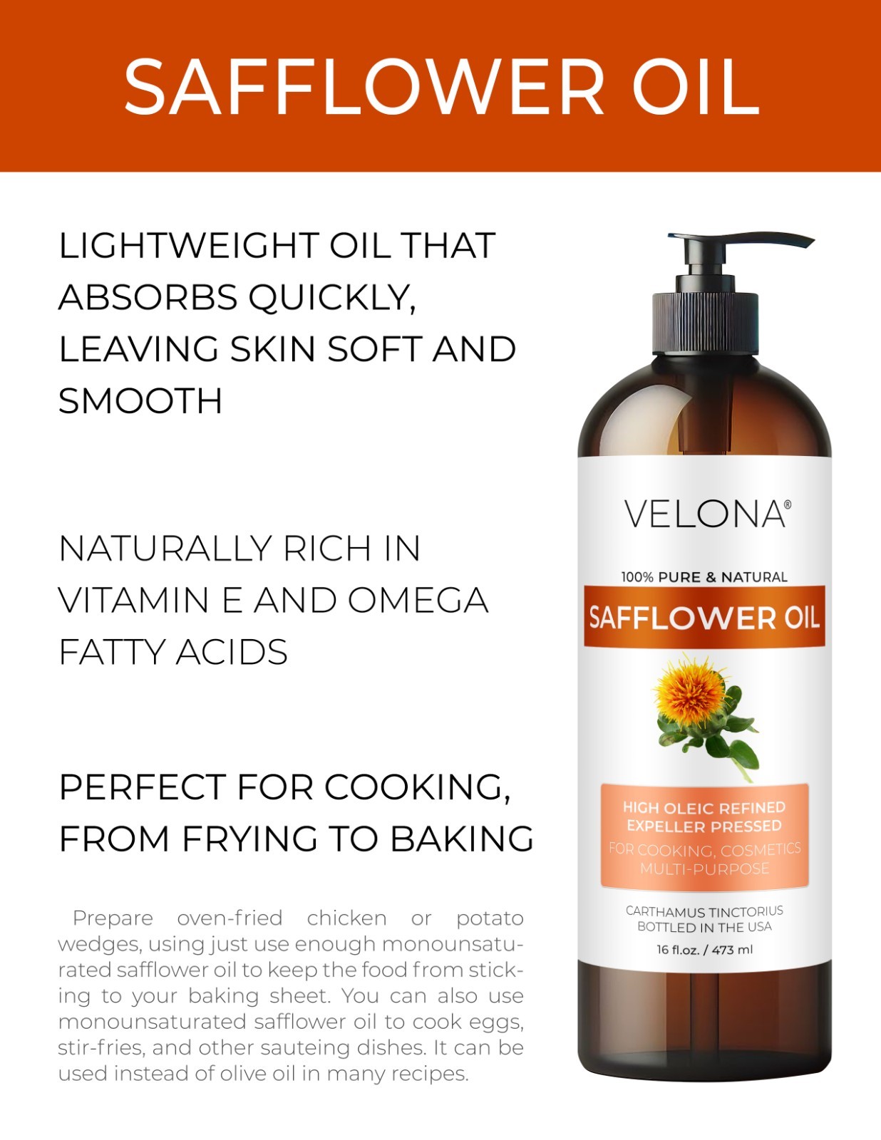 Safflower Oil by Velona 2 Fl Oz-1Gal Refined Expeller pressed Cooking Skin Body