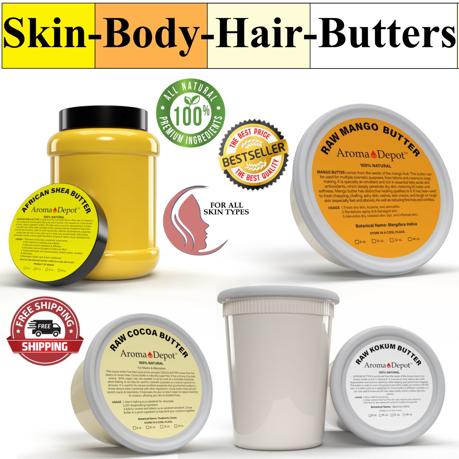 Mango Butter, Shea Butter, Kokum, Cocoa Butter 100% Pure For Skin Body Hair