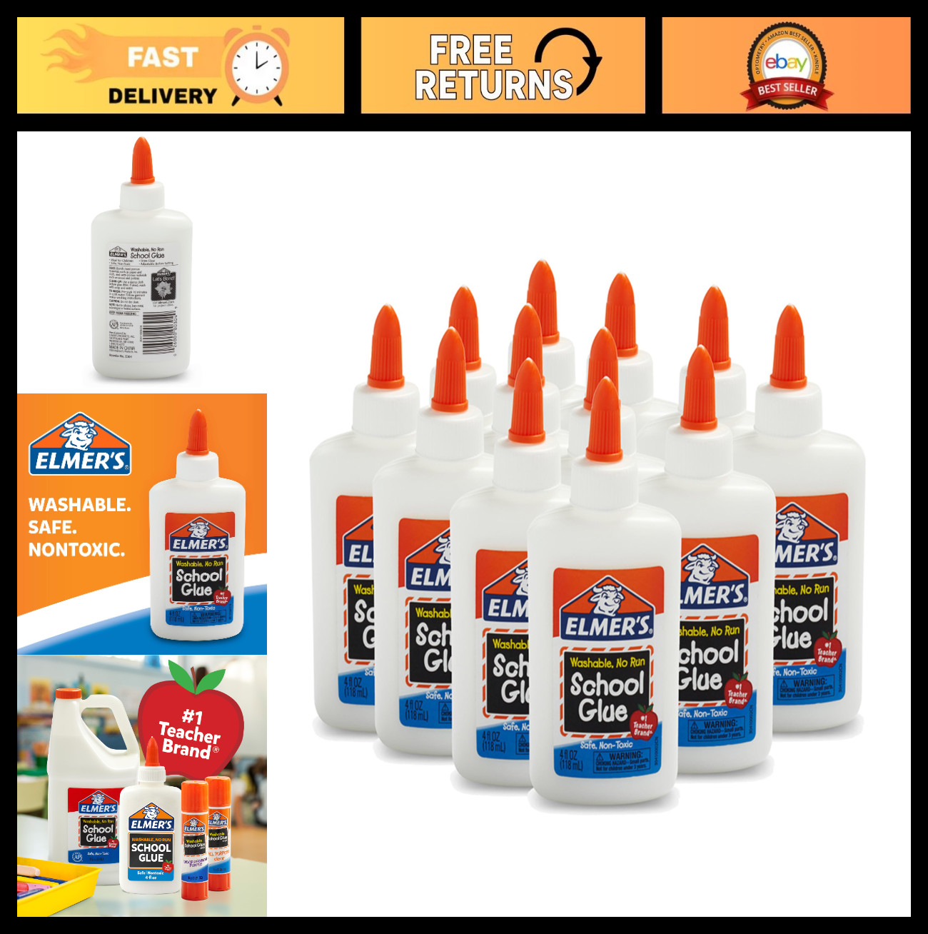 Non-Toxic Liquid School Glue for Slime & Crafts, Washable, 4oz, 12 Pack – Ideal