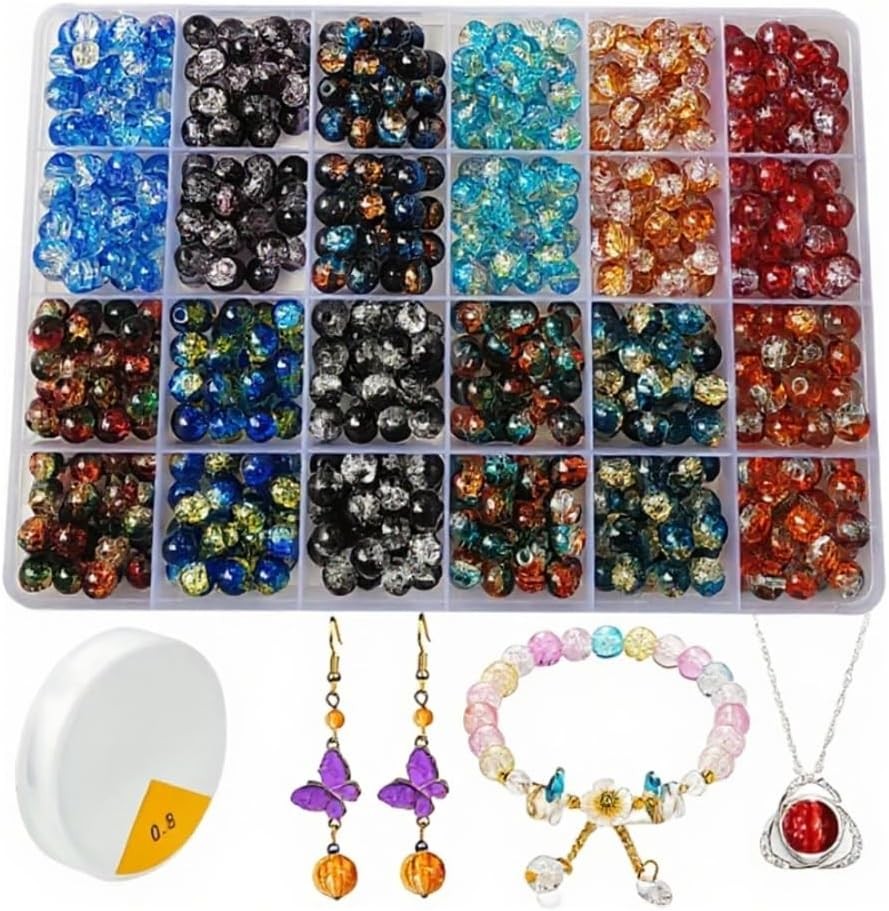 600pcs 8mm Crackle Glass Beads Kit for Jewelry Making, 12 Colors