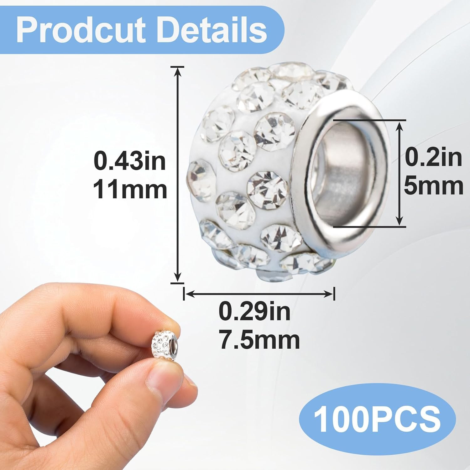 100pcs Large Hole Rhinestone Beads for Jewelry Making 11mm European Spacer B…