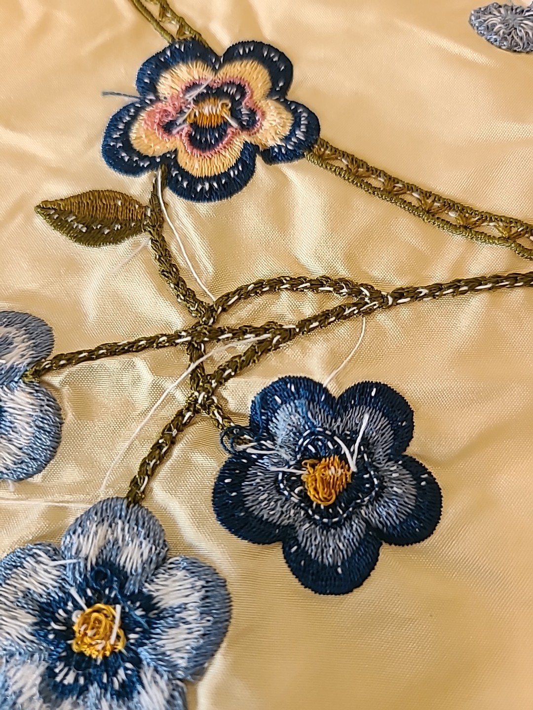 Designer Fabric Silk Samples Floral Butterfly Embroidered Cream Green Rose India