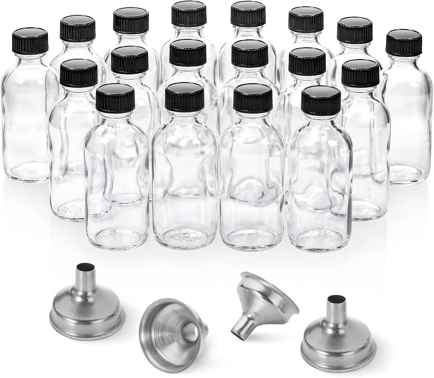 18 Pack, 2 oz Small Clear Glass Bottles w/Lid & 4 Stainless Steel Funnels – 6…