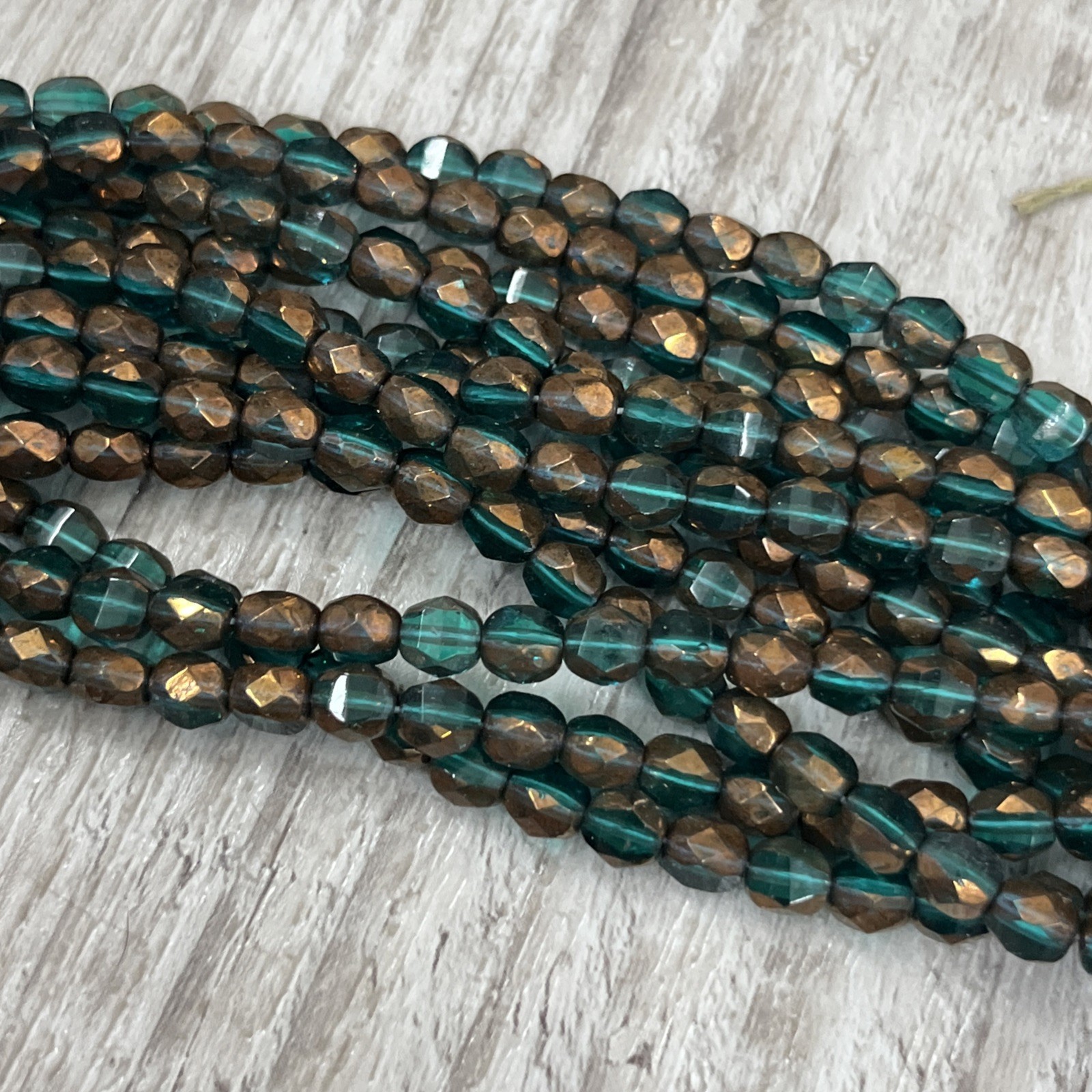 Iridescent Pressed Glass Green Gold Vintage Czech Glass 6 In Strand Beads