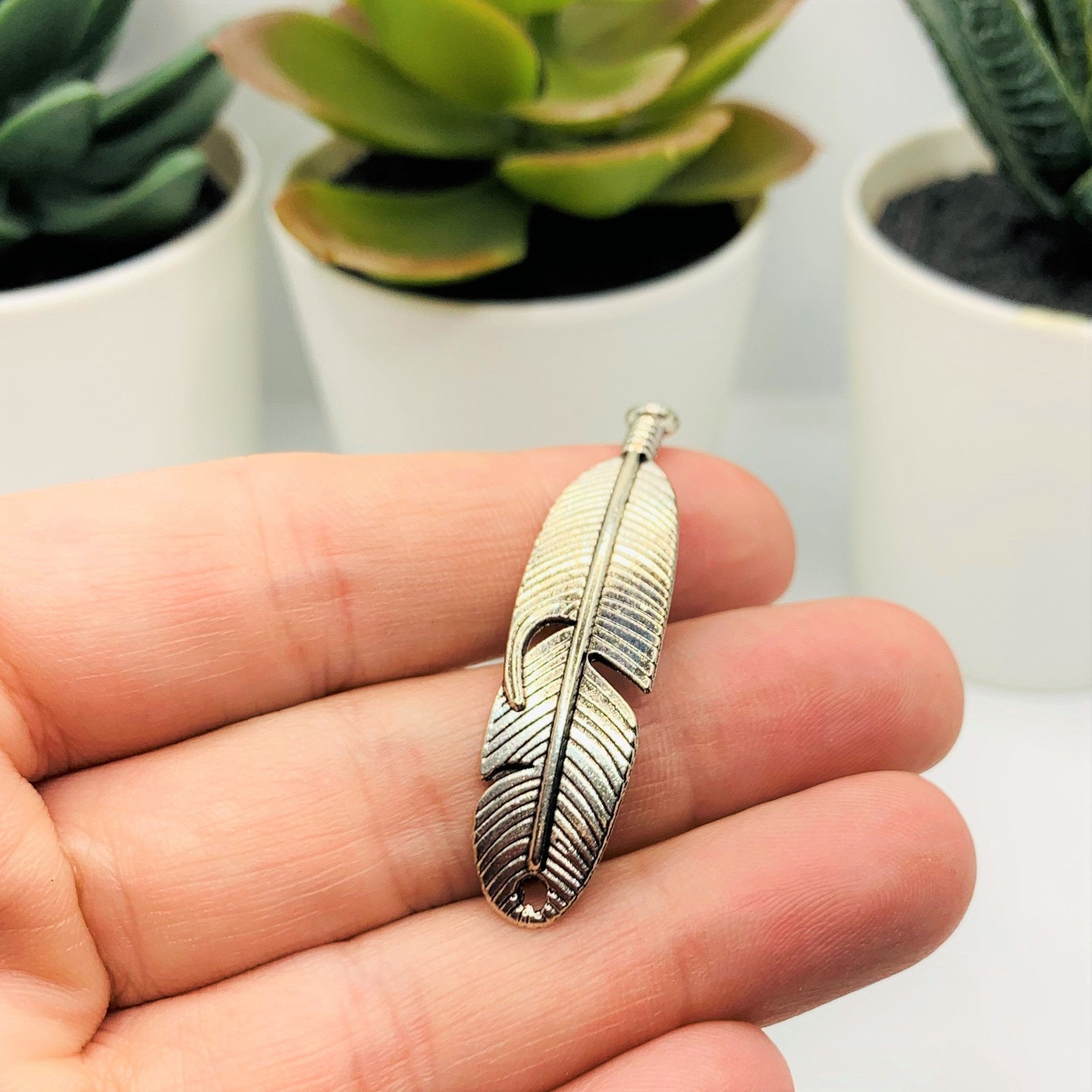 Silver Feather Connector Charms, 45x11mm – US Seller