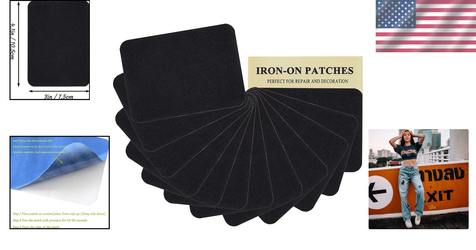 100% Cotton Black Iron-On Repair Patches – 12 Pieces for All Ages