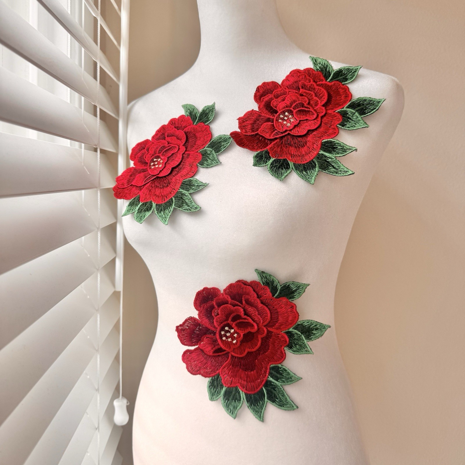 3D Red and Green Applique (1 Piece), Big Rose Glue on Patch Embroidered 6” X 5”