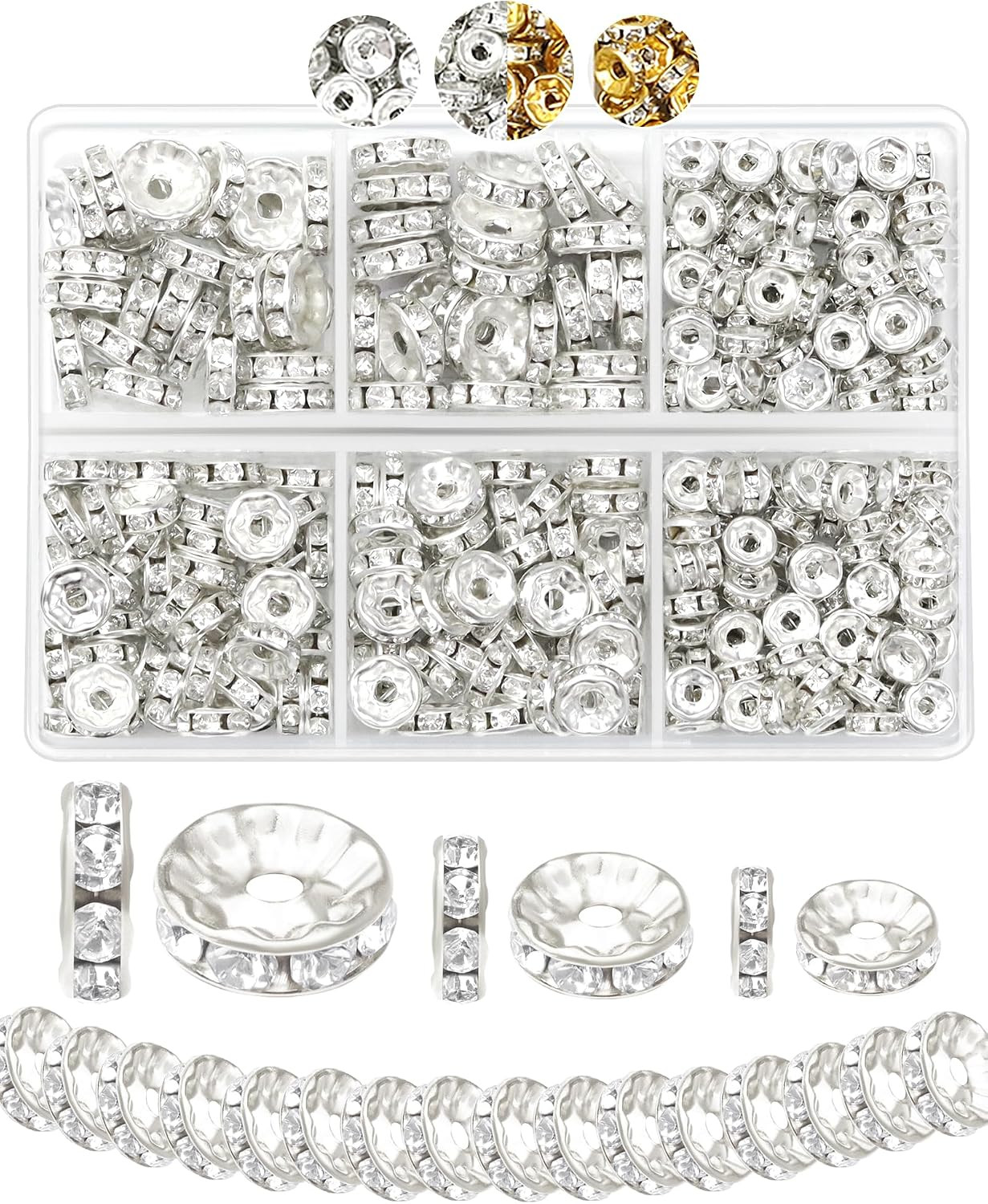 FIVEIZERO 300PCS Silver Rhinestone Rondelle Spacer Beads | 6/8/10Mm Sizes, 1.5/2