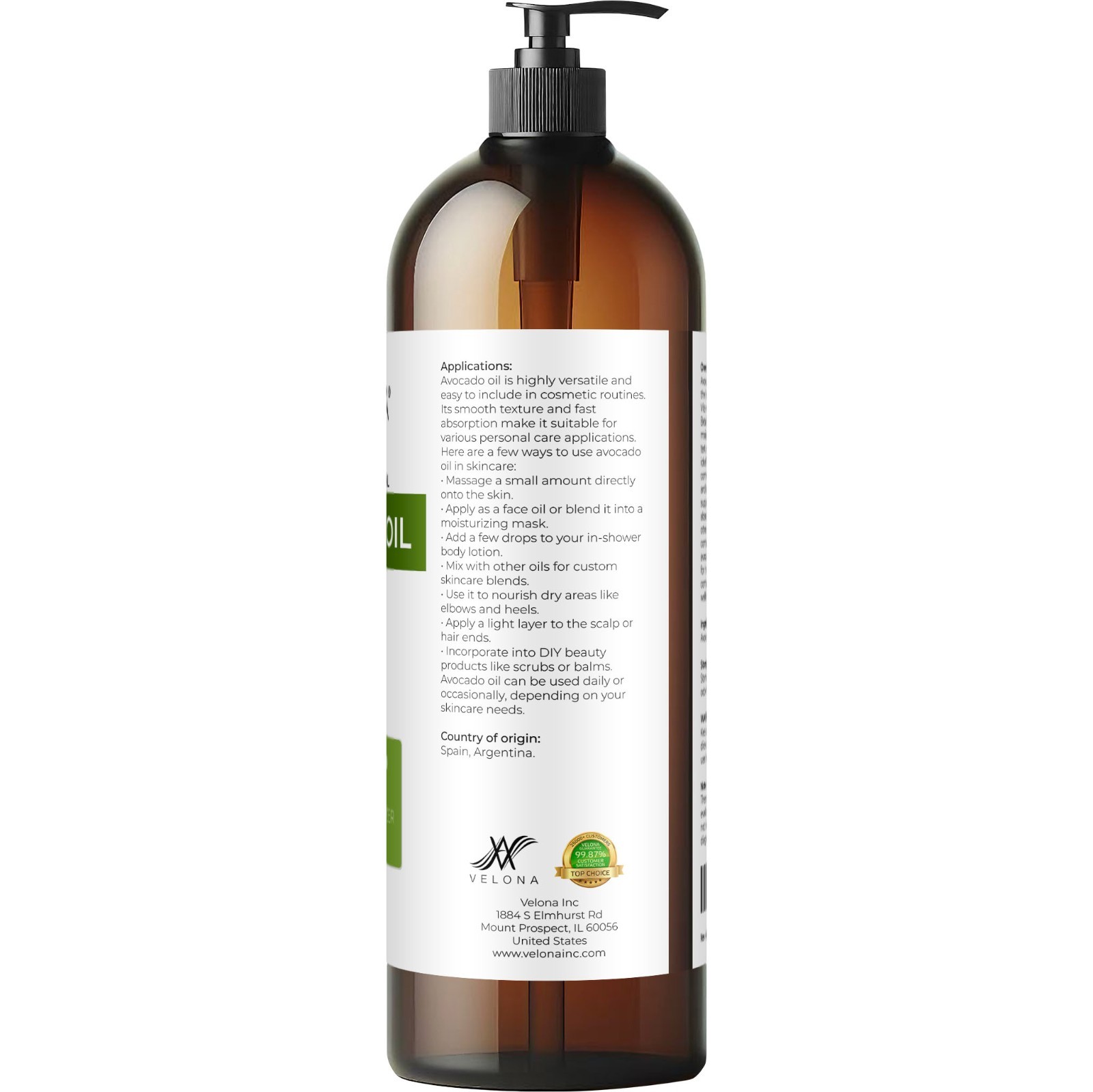 Avocado Oil by Velona – 32 oz, Refined, Cold Pressed, Hair Body and Skin Care