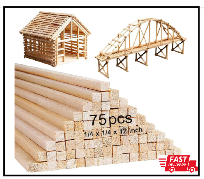 75 Pcs Balsa Wood Sticks 1/4 X 1/4 X 12 Inch Balsa Wood Strips Hardwood Square D