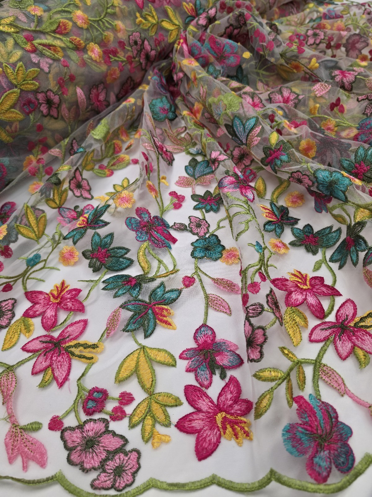 Fabric By The Yard Multicolor Lace Pink Fuchsia Embroidery Flowers On White Mesh