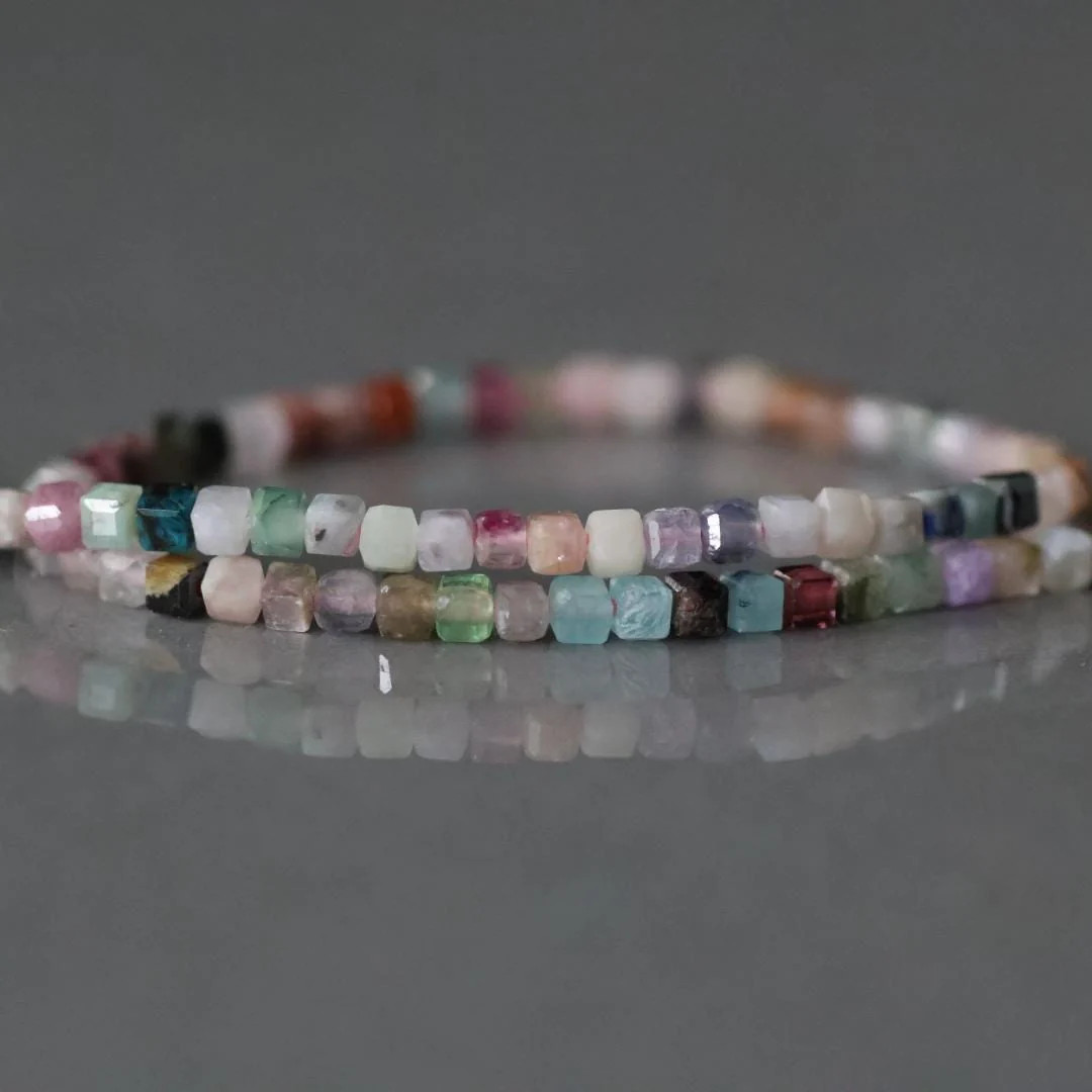 Colorful Multi Gemstone Cube Beads 1.8mm 15″ – Tiny Natural Gemstone