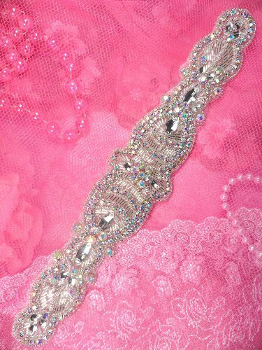 JB134 Aurora Borealis Silver Beaded Crystal AB Rhinestone Applique 12″