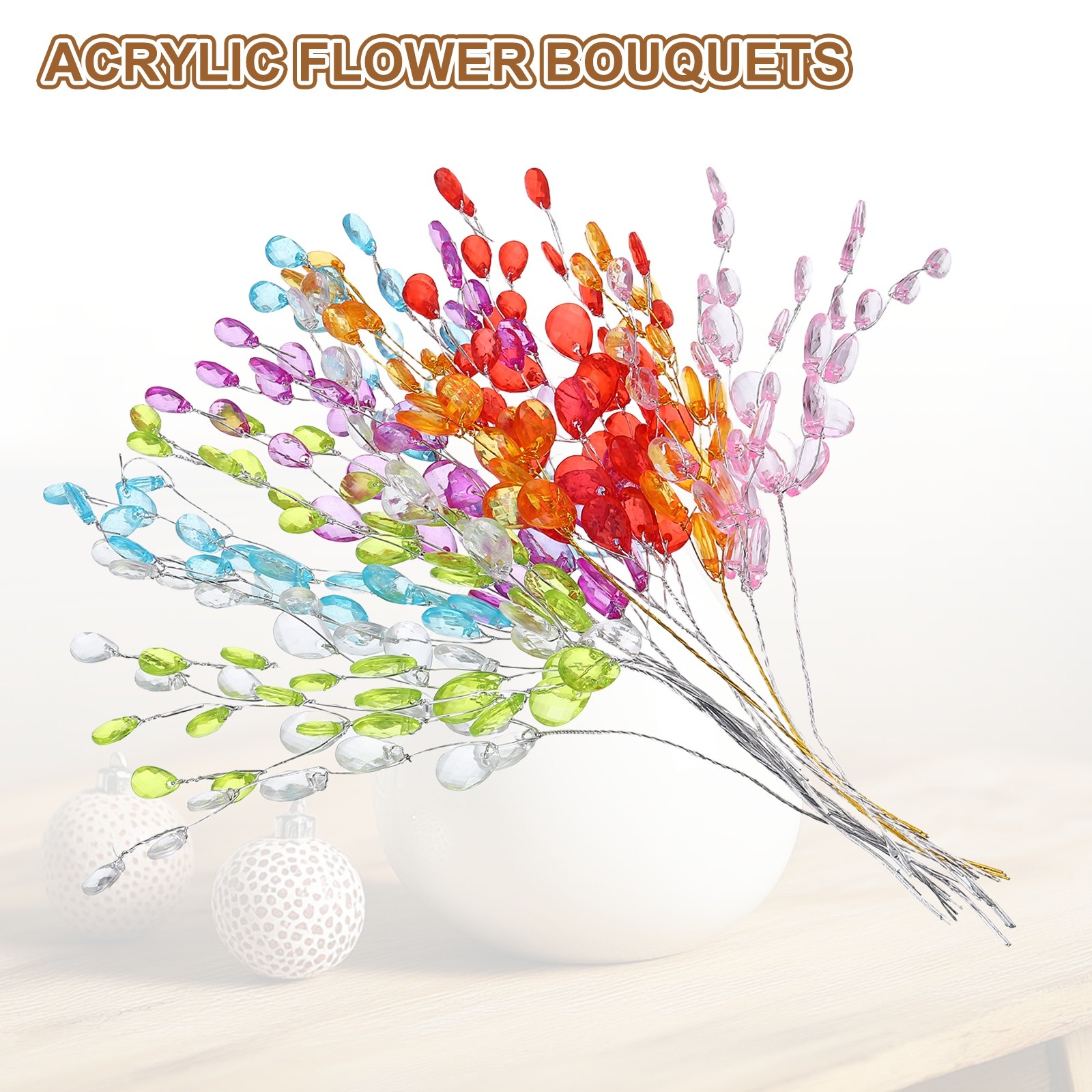 16 Pcs Acrylic Bead Drop Stems, Crystal Floral Picks Bouquets Flowers, Red