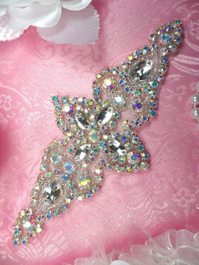 Aurora Borealis Silver Beaded Crystal Rhinestone Applique Bridal Crafts 6″ JB47
