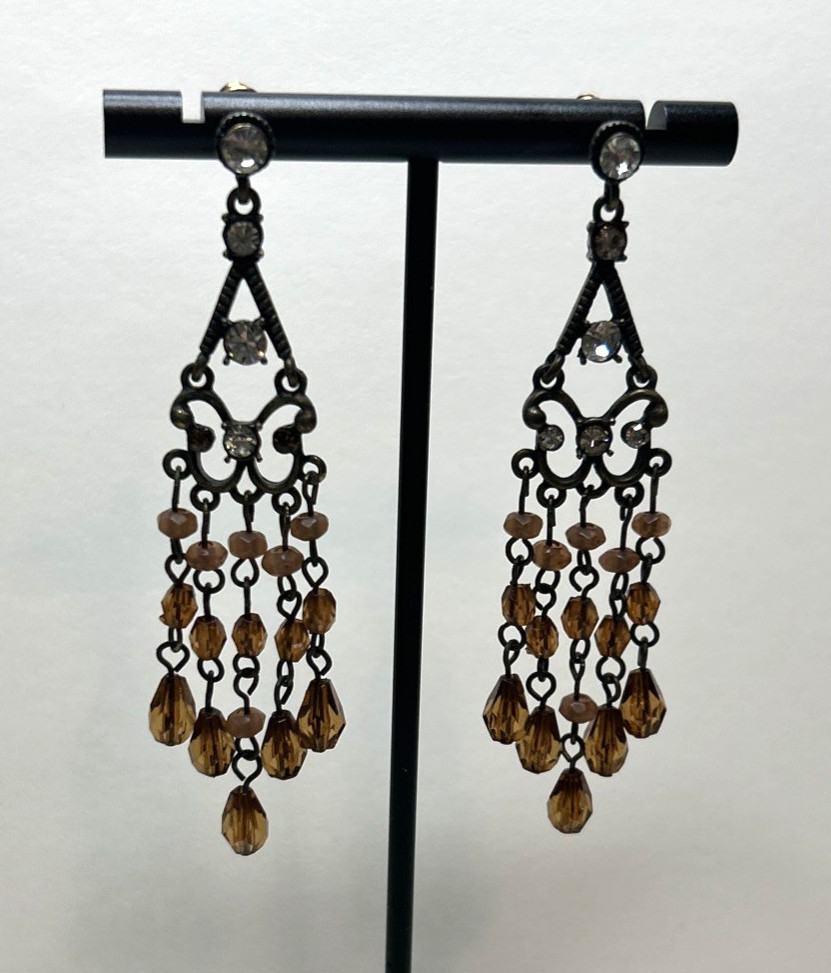 Vintage Filigree Earrings with Tear Drop Beads and Rhinestones