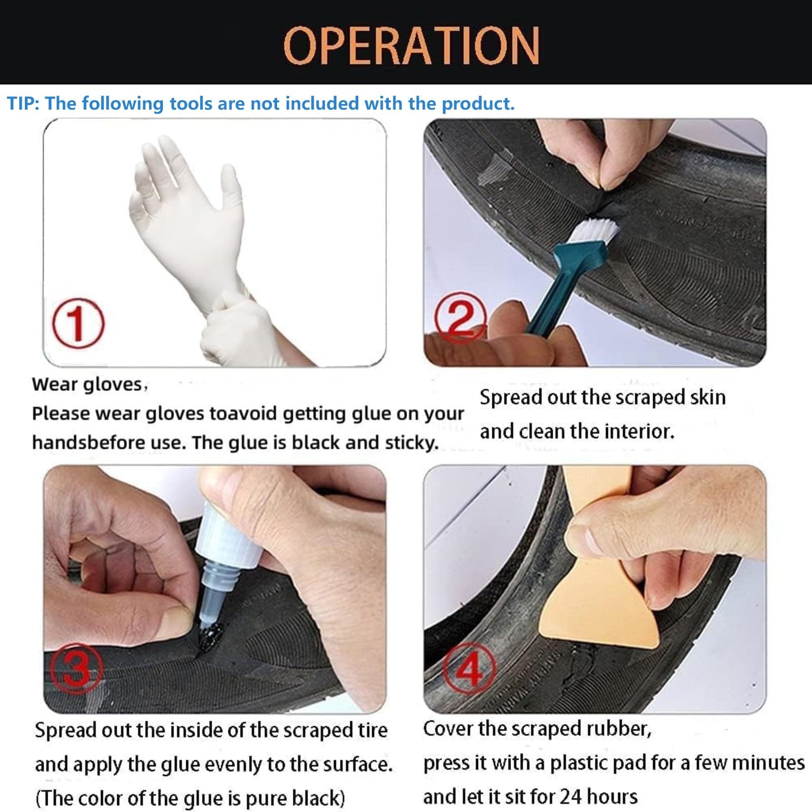 Black Tire Repair Glue Rubber Strong Adhesive Bonding for Sidewall Gash Dent Ins