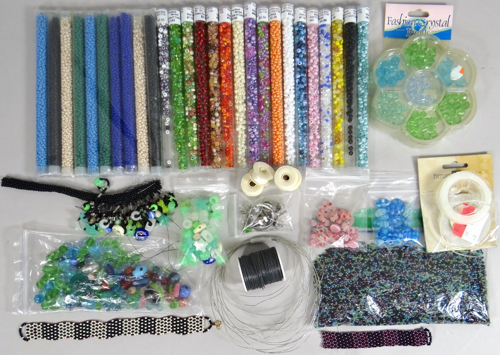 Jewelry Crafting Lot Glass Seed Beads Thread Wire 2 lbs Finished Partial Pieces