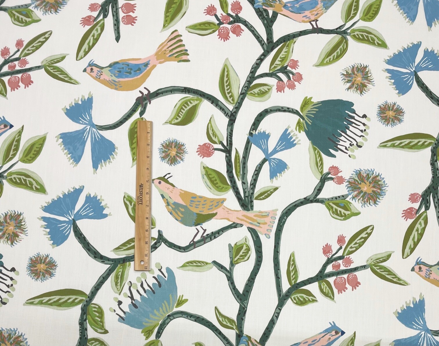 BALLARD DESIGNS LYLE GREEN BLUE LUSH LEAVES VINE SONGBIRDS FABRIC BY YARD 54″W
